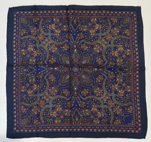 "Pañuelo Vintage Hombres Arte Paisley Floral Seda Azul Bolsillo Cuadrado 17"""