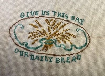 Completed Cross, Stitch, Primitive Colonial  Give Us This day Our Daily Bread Se