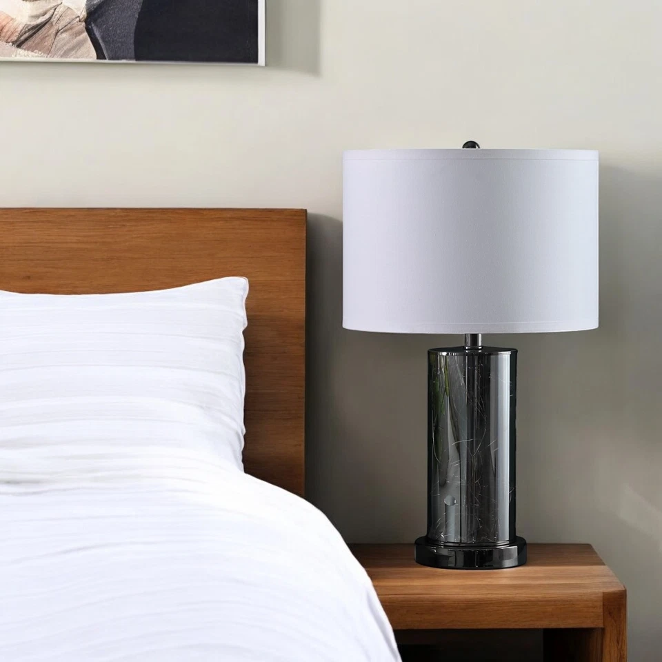 21" Glass LED Cylinder Table Lamp with Nightlight and White Drum Shade - Image 2 of 4