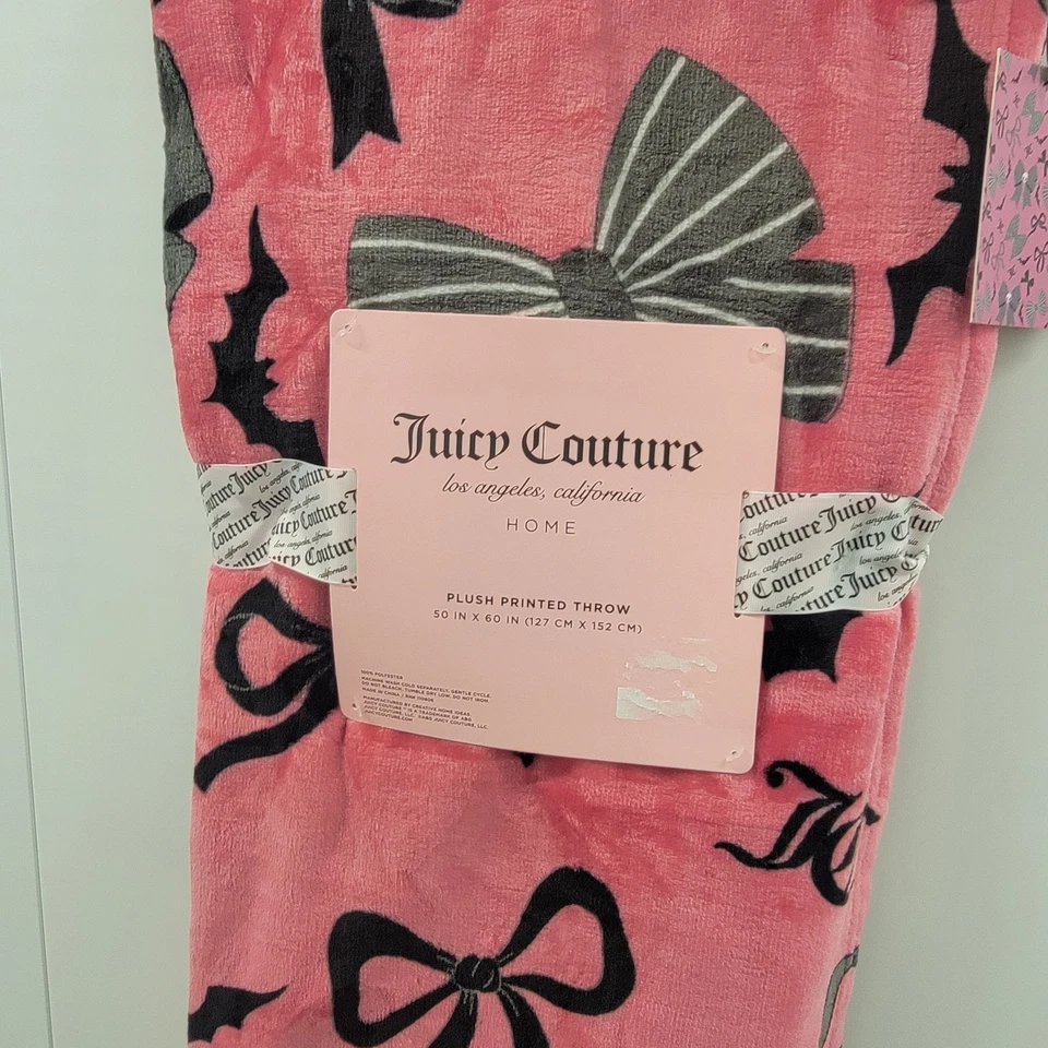 NEW! Juicy Couture All Bows Print Gray Halloween Pink Velvet Soft Throw Blanket - Image 3 of 4