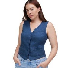 Madewell Single-Breasted Blue Vest in 100 Linen Welt Pockets Button Down Sz 12