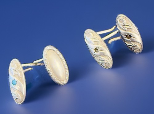 Antique Sterling Silver Engraved Double Sided Cufflinks Turquoise Accent Vintage