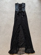 CACHE Satin DRESS Maxi BLACK STRAPLESS CORSET Bustier BEADED Embellished Small S