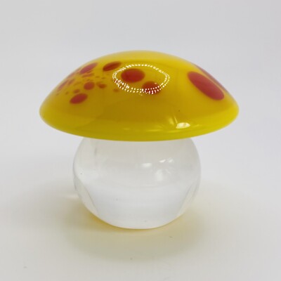 Vtg 1.75  Orrefors Glass Mushroom Yellow Red Spots Signed Handmade Paperweight