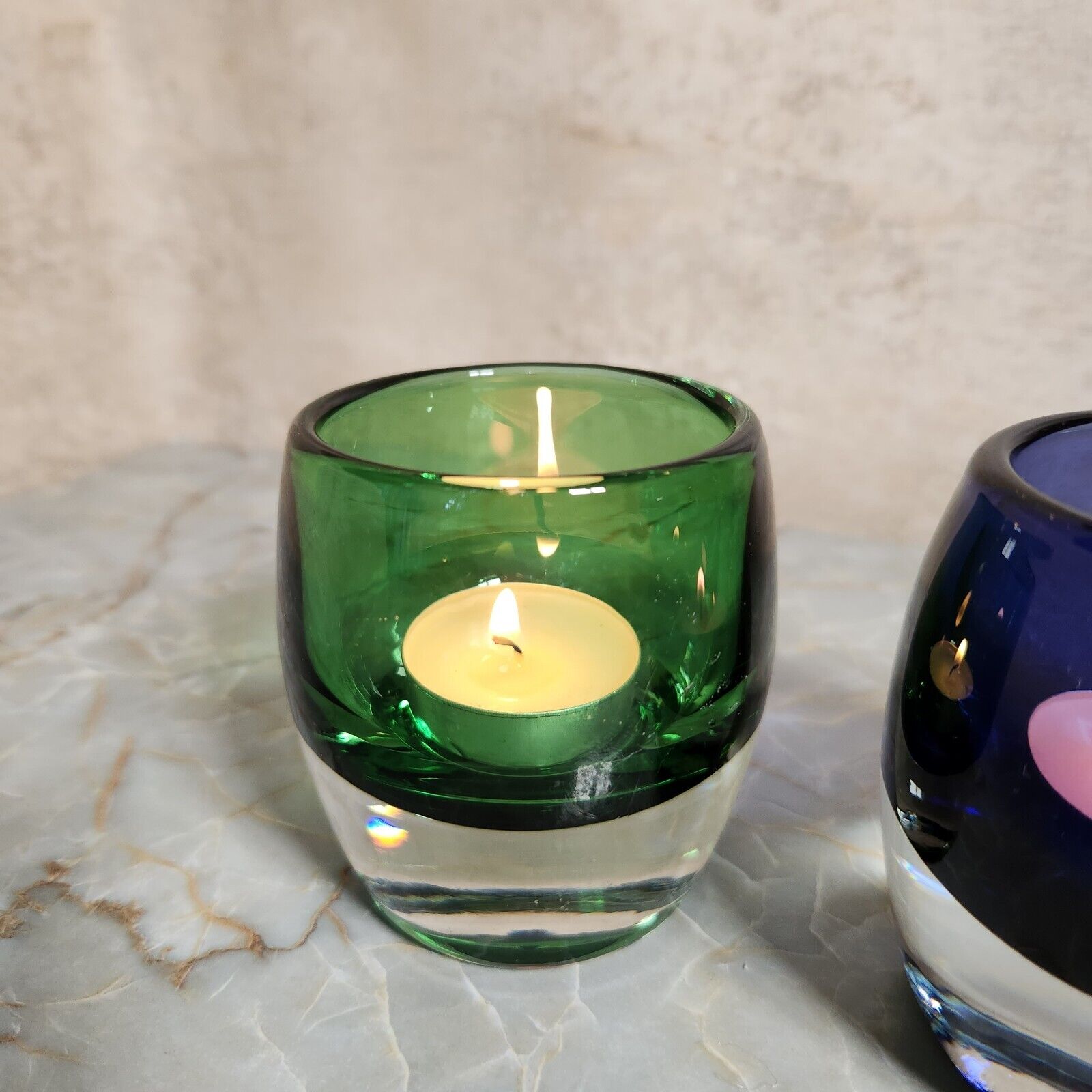 Lot of 2 CRATE & BARREL Diva Votive Candle Holders Green & Purple Poland Glass