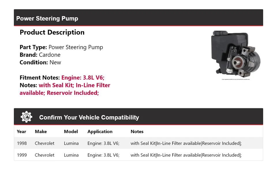 Bomba de dirección asistida Cardone para Chevrolet Lumina 1998-1999 3,8 L V6 Foto 2 de 4