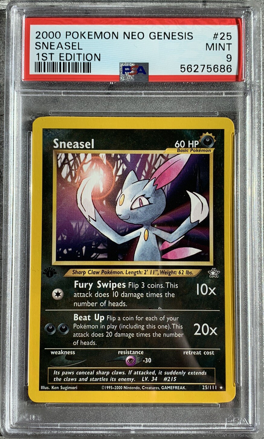 Pokémon Card 1st Edition Sneasel Rare Star PSA 9 Mint Neo Genesis #25, 2000 WOTC