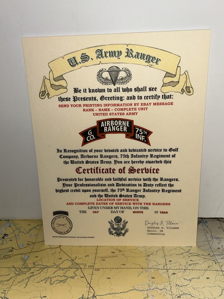 U.S. ARMY - G CO / 75TH RANGER INFANTRY CERTIFICATE OF SERVICE ...