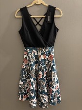New Black Floral Sleeveless V-Neck A-line Dress Small Flare Jay Jay