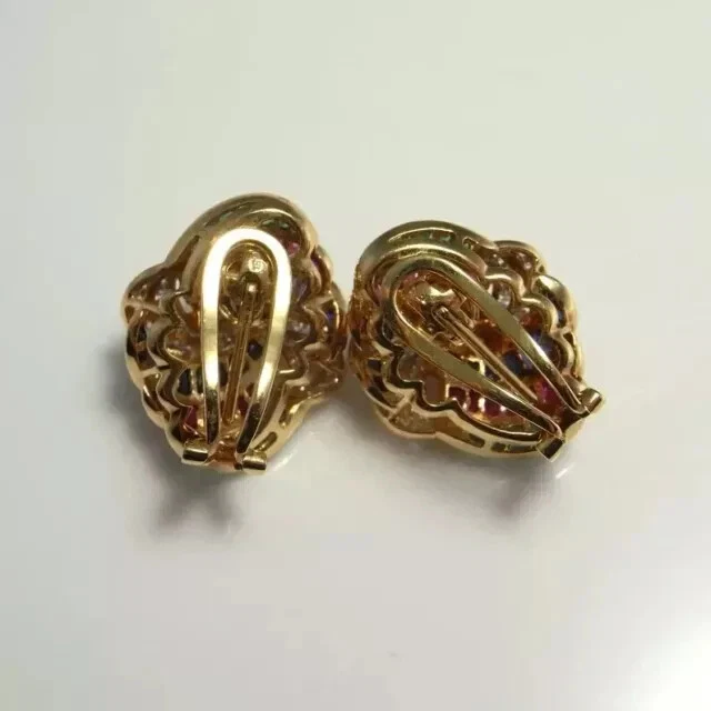 3Ct Princess Lab Created Ruby Emerald Sapphire Earrings 14K Yellow Gold Plated - Image 2 of 4