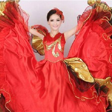 Ladies Dance Swing Dress Ruffled Spanish Flamenco Practice Ballroom Costume Red