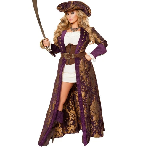 Pirate Costume Set Long Brocade Overcoat Jacket Waist Cincher Dress Hat 4574