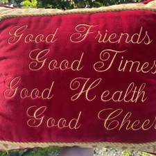 Vintage Good Friends Times Health & Cheer Velvet Red Gold Pillow Fleur de Lis