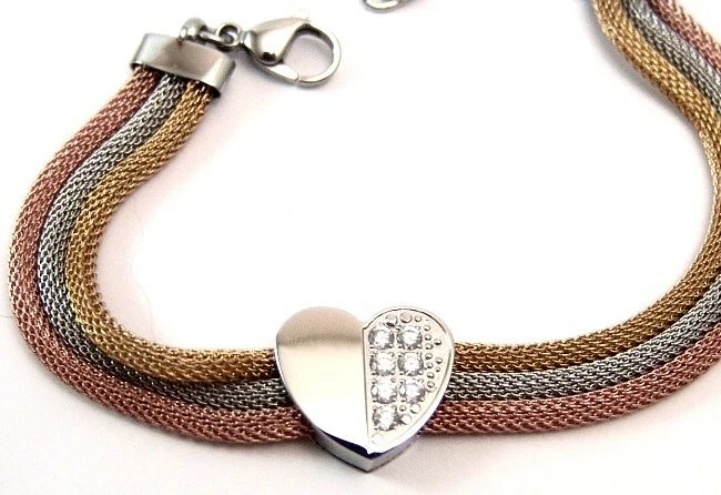 Pulsera Corazón Malla Tri Color Oro Rosa PVD Oro Amarillo PVD Ajustable Foto 2 de 4