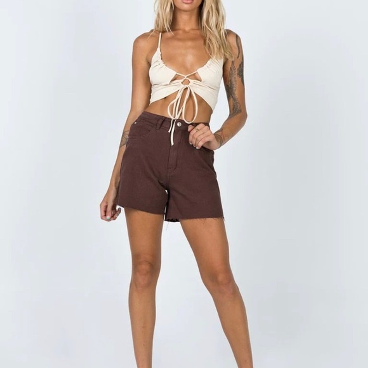 Princess Polly The Swalla Shorts in Brown Denim Size US 12