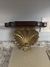 Seashell Wall Shelf Solid Brass And Wood | Scallop Gold Shell Hollywood Regency