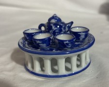 Vintage Miniature Flow Blue Porcelain Tea Set, 7 Piece Floral Tea Service