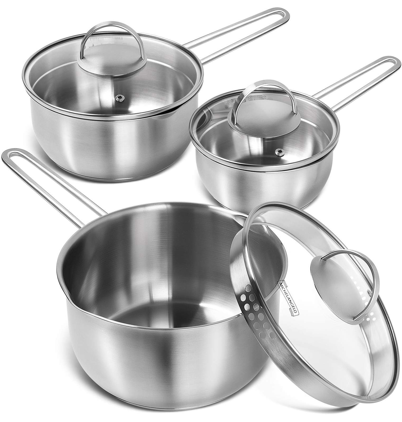 1QT 2QT 3QT Stainless Steel Saucepan with Lid & Pour Spout Tri-Ply Bottom
