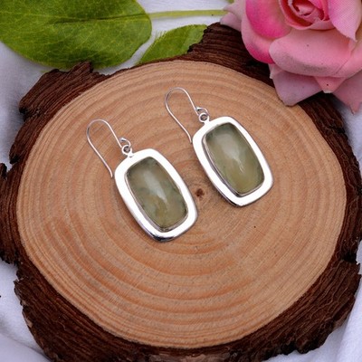 Sterling Silver Prehnite Dangle Earrings Natural Gemstone Handmade Jewelry Gift