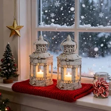 Vintage Metal Candle Lantern Set of 2 Rustic Distressed White Lanterns Indoor...