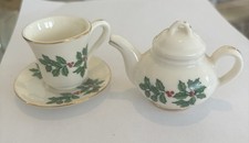 2 Pc Lot Mini Holly Christmas Tea Set Ornaments Teapot Teacup  Saucer Preowned