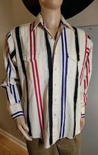 Vtg Wrangler Brush Popper Color Block Stripe Shirt Sz L Aztec Pearl Snap Western