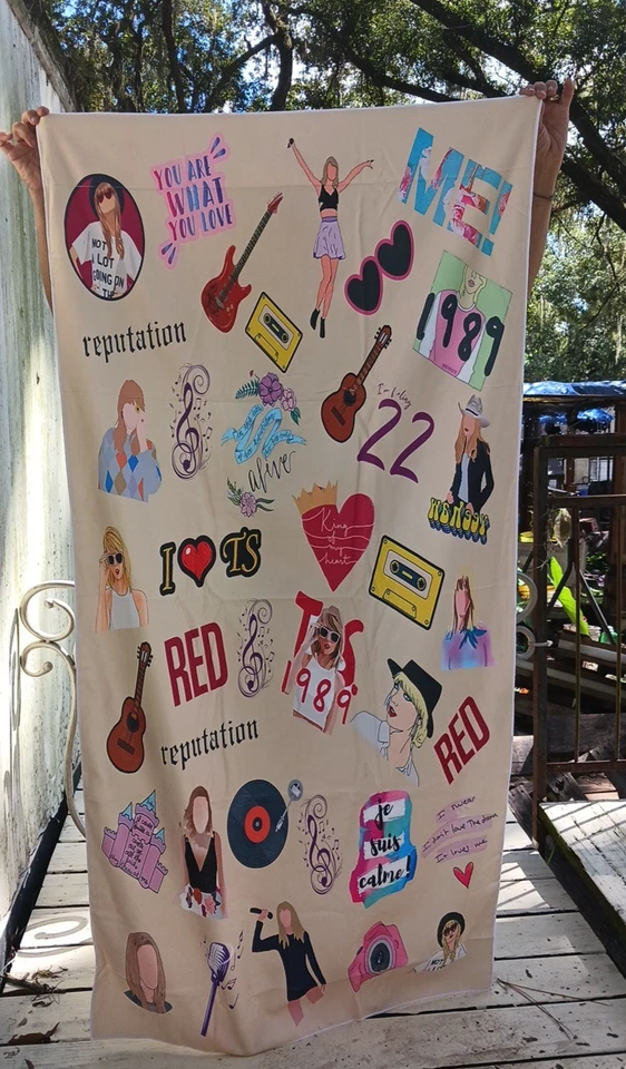 Manta / toalla / tiro Swifty. guitarra, disco, reputación, corazones. 31" x 62". Foto 4 de 4