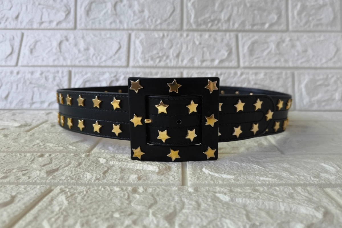 Vintage Escada Gold Star Studded Black Leather Belt Size Vintage Escada Studded Sun Leather Belt – Recess main image 2