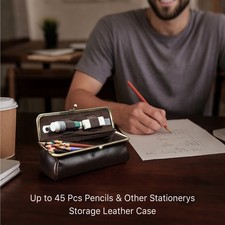 Vintage Genuine Leather Pencil Stationeries Storage Bag Up to 45 pcs Pencils