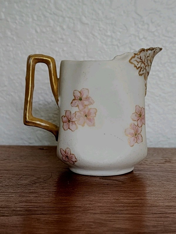 Antique Hand-painted Creamer Bisque Porcelain Limoge? Pink & Gold 3.5"H