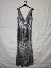 Stunning Silver Sequin Maxi Gown V-Neck Sleeveless Prom Evening Dress Size 8 New
