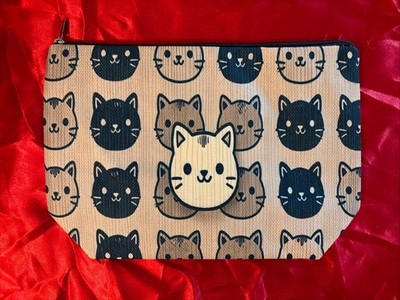 NEW BROWN BURLAP CANVAS CAT MAKEUP BAG COSMETIC PURSE PENCIL CASE CLUTCH ZIP