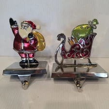 Set Of 2 Metal Christmas Santa and His Sleigh 5.5" Stocking Holder Hanger