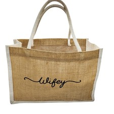 Wifey Tan and Cream Jute Tote Burlap Beach Vacation Travel Medium Sized Bag