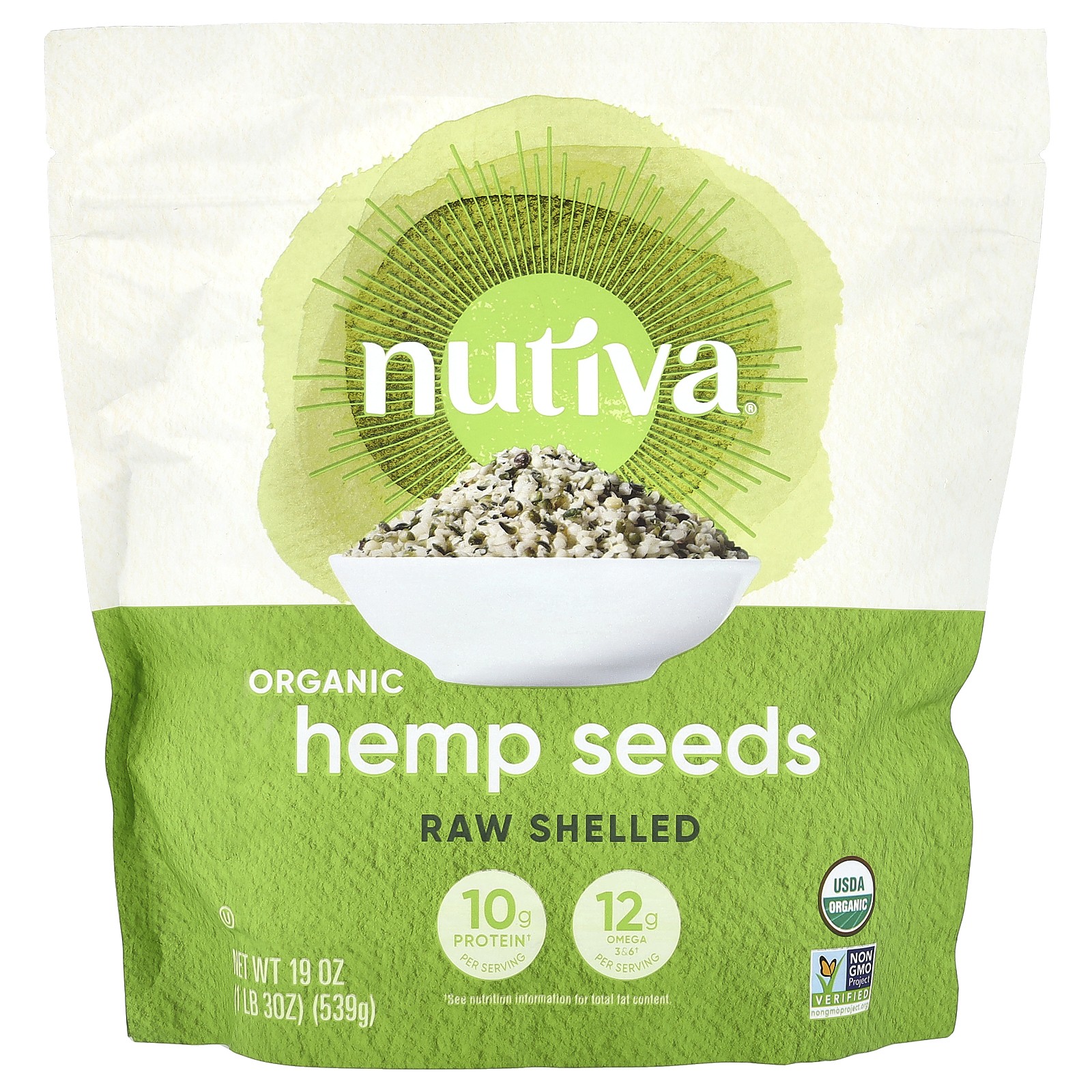 Nutiva Organic Hemp Seed Raw Shelled 19 унций 539 г B Corp, кошерный, без ГМО