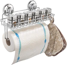 Suction Cup Paper Towel Holder with Shelf and Hooks - Wall Mount Metal Organizer