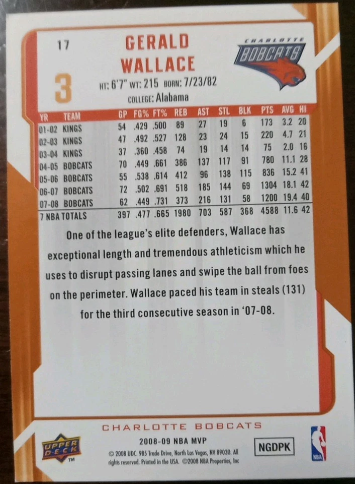 2008-09 Upper Deck MVP - Gerald Wallace #17 - Image 2 of 2