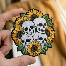 Skull Sunflower Embroidered Patch Gothic Floral Iron On Badge
