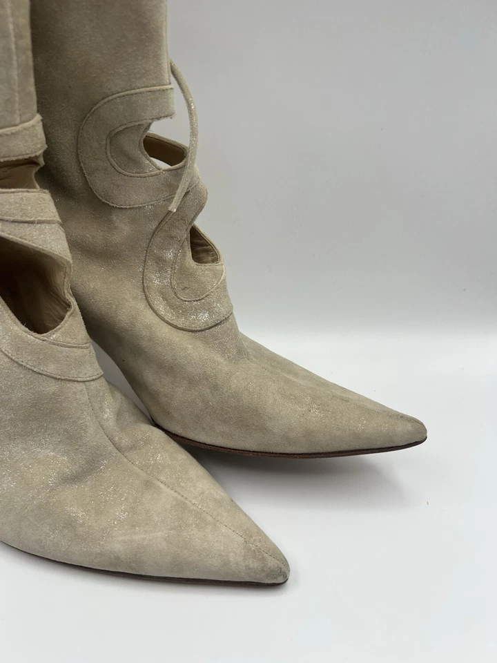 Jimmy Choo Vintage Tall Boots- Shimmer Suede- Bows + Open Loops At Ankle-sz 39 - Image 3 of 4