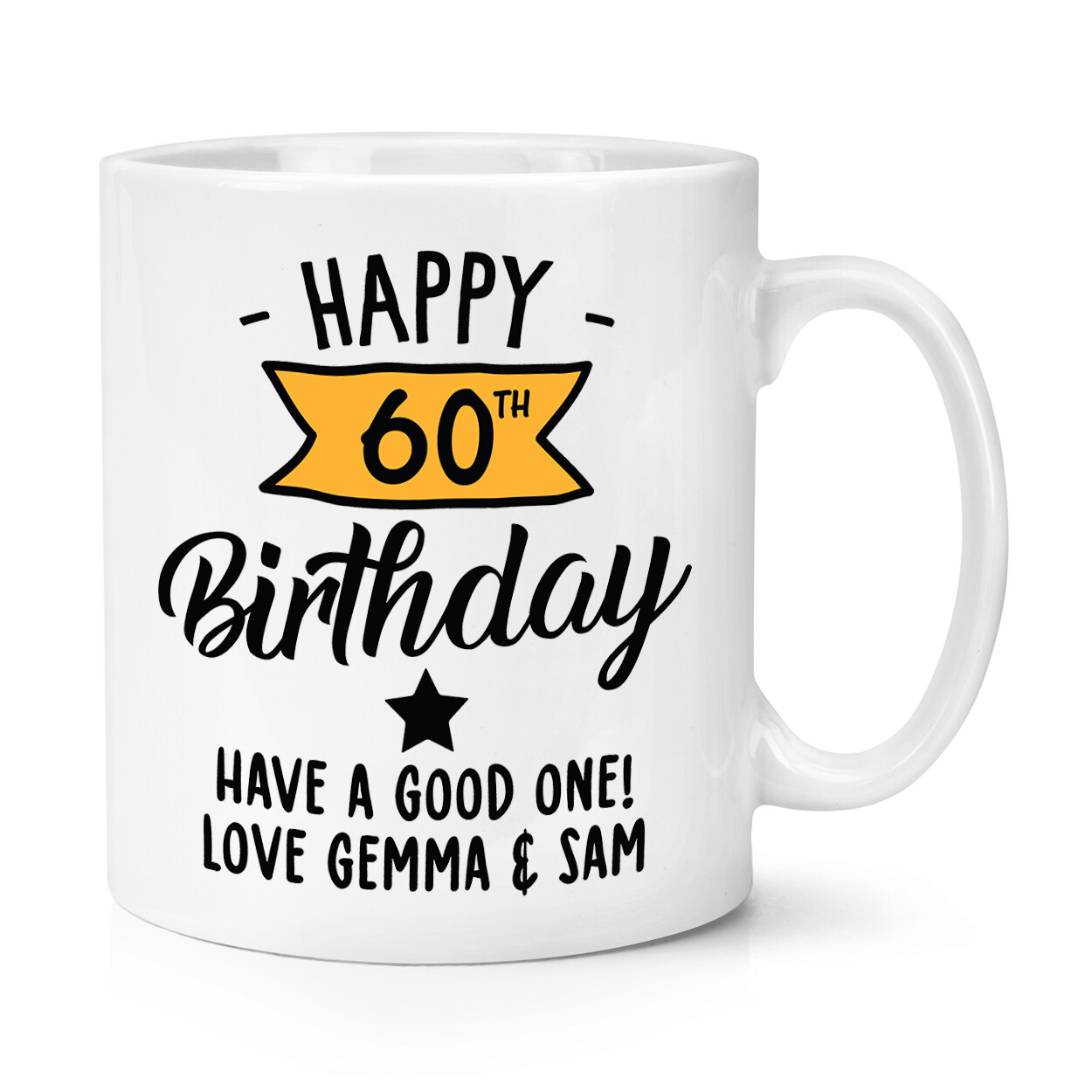 Personalised Happy 60th Birthday Yellow Banner 10oz Mug Cup Mum Dad Grandad