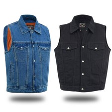 Chaleco de Motociclista para Hombres Único Azul Crudo y Negro Denim Chaleco Cierre a Presión Bolsillo Armería