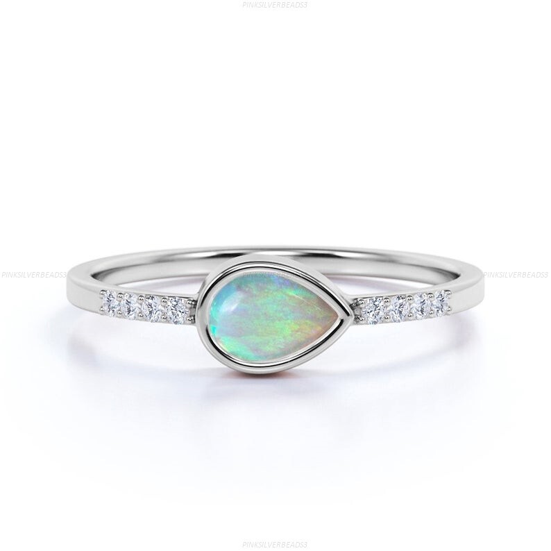 14k White Gold Natural Opalite Diamond Small Tear Band Engagement Ring For Women