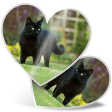 2 x Heart Stickers 7.5 cm - Hunting Black Cat Kitten Pet  #2604