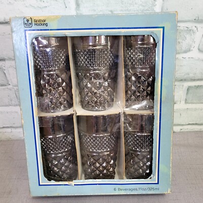Set of 6 Vintage Anchor Hocking Wexford Pewter Mist Smoke 11oz Glasses NOS MCM