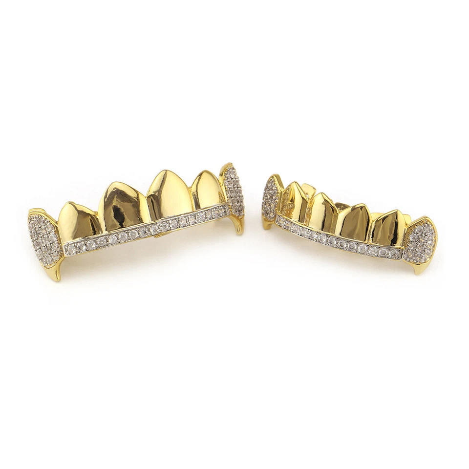 Parrillas de Hip Hop Colmillos Top Bottom Set 5A+ CZ Dientes plateados en oro de 18K Grillz Foto 2 de 4