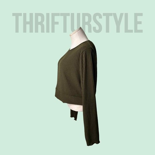 Olive Green Ribbed Knit Cropped Long Sleeve Top Casual Everyday Shirt - Picture 4 of 7