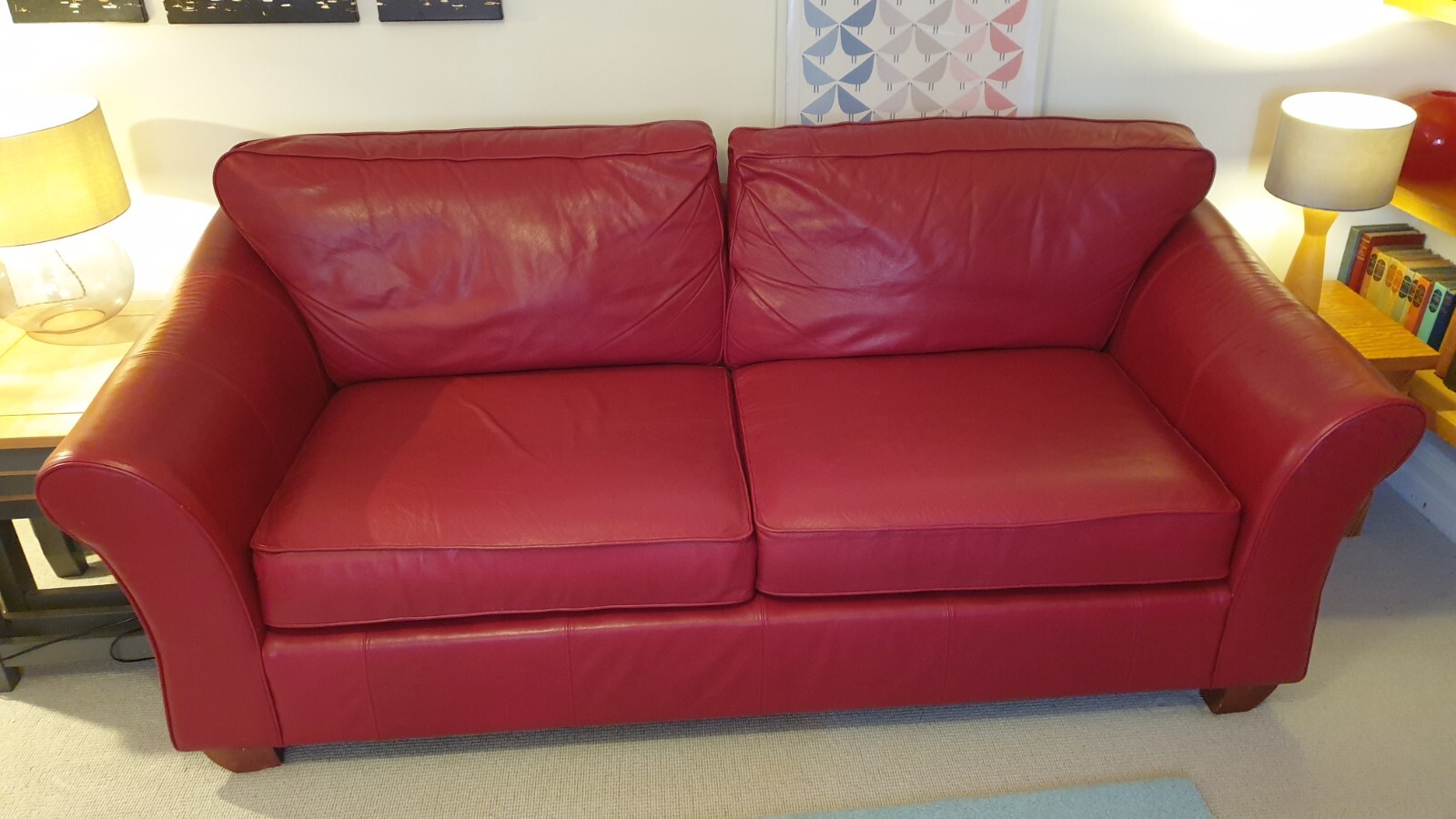 Marks and Spencer ABBEY Red Leather Large Sofa. Excellent con. Armchair