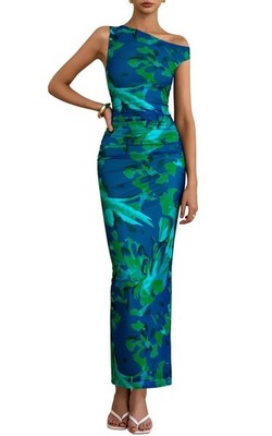 NWT PRETTYGARDENS Floral One Shoulder Maxi Dress Ruched Mesh Bodycon Large