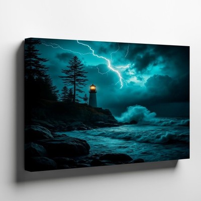 Lighthouse at Stormy Night with Lightning and Ocean Waves Canvas Wall Art Decor