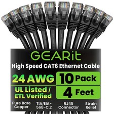 Cat 6 Ethernet Cable Pack - 10-Pack 4 ft Cat6 Ethernet Patch Cables  RJ45 Ne...